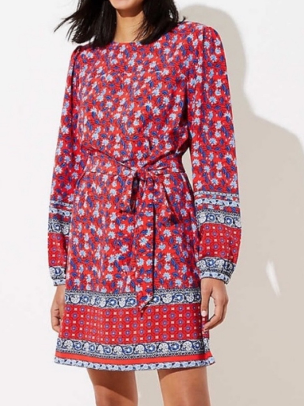 Loft Red & Blue Floral Long Sleeve Shift Dress